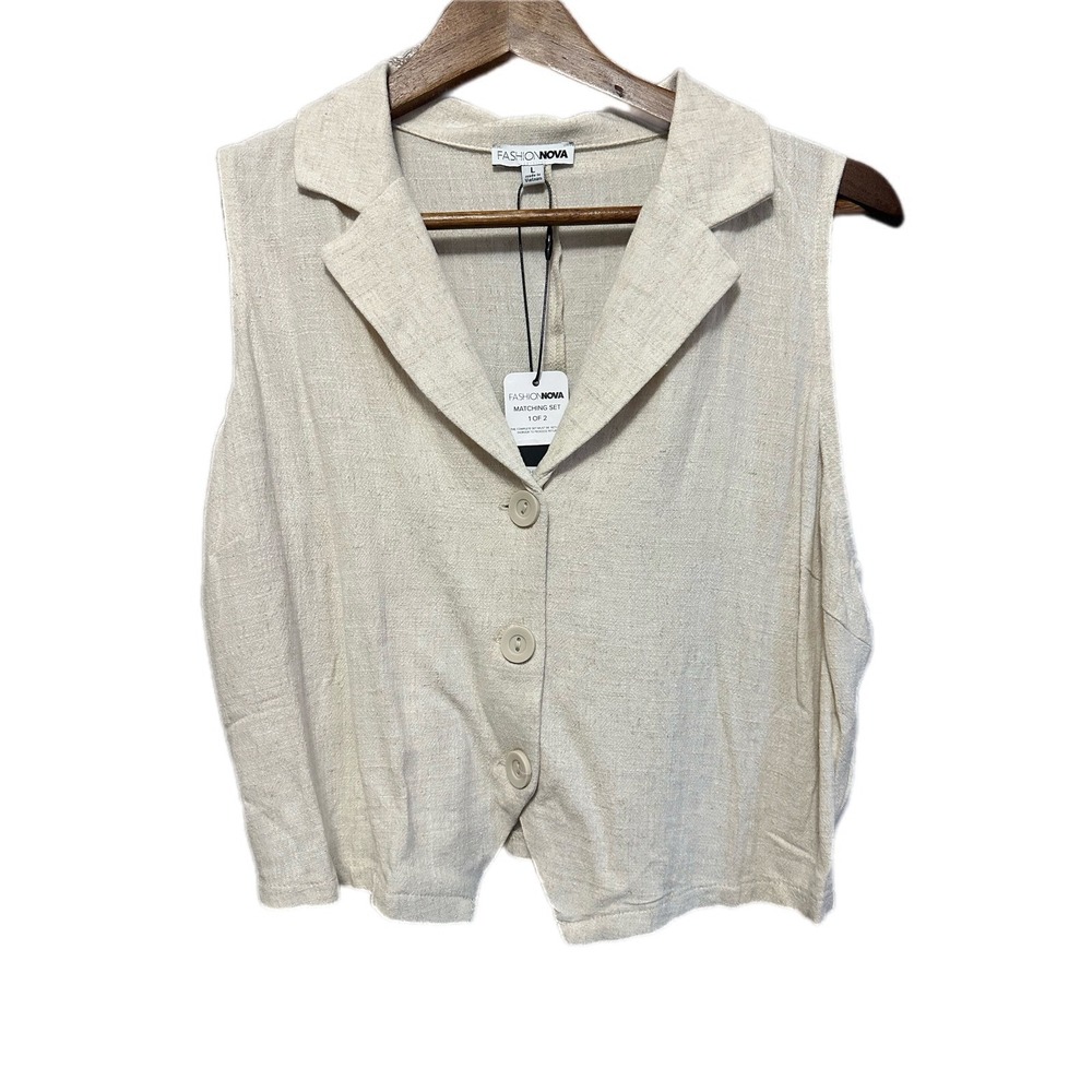 Fashion Nova Linen Blend Vest Blazer Beige Size L Sleeveless NWT